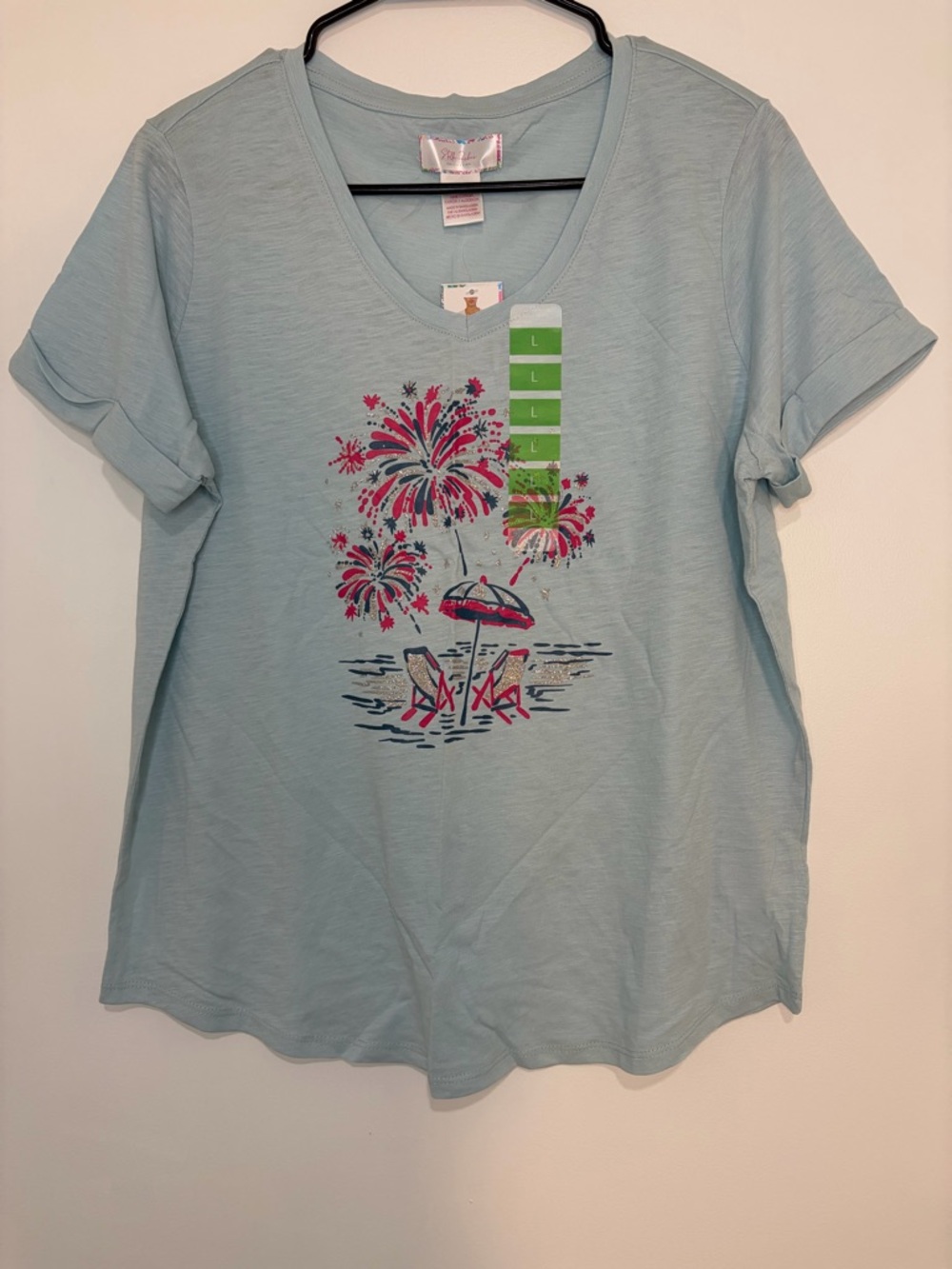 Fresh 100% Cotton Blue V-Neck Palm Tree Graphic Tee Sz L